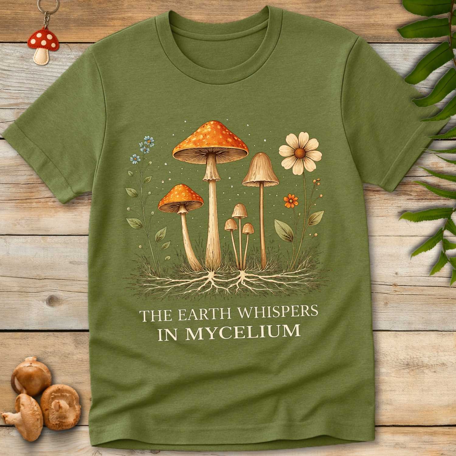 Illustration of colorful mushrooms and wildflowers with visible underground mycelium roots and the text “The Earth Whispers in Mycelium”.