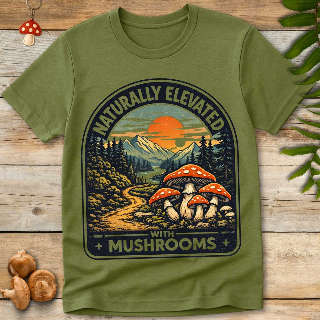 Vintage style illustration of red mushrooms with mountain landscape, forest trail, and sunset reading “Naturally Elevated With Mushrooms”