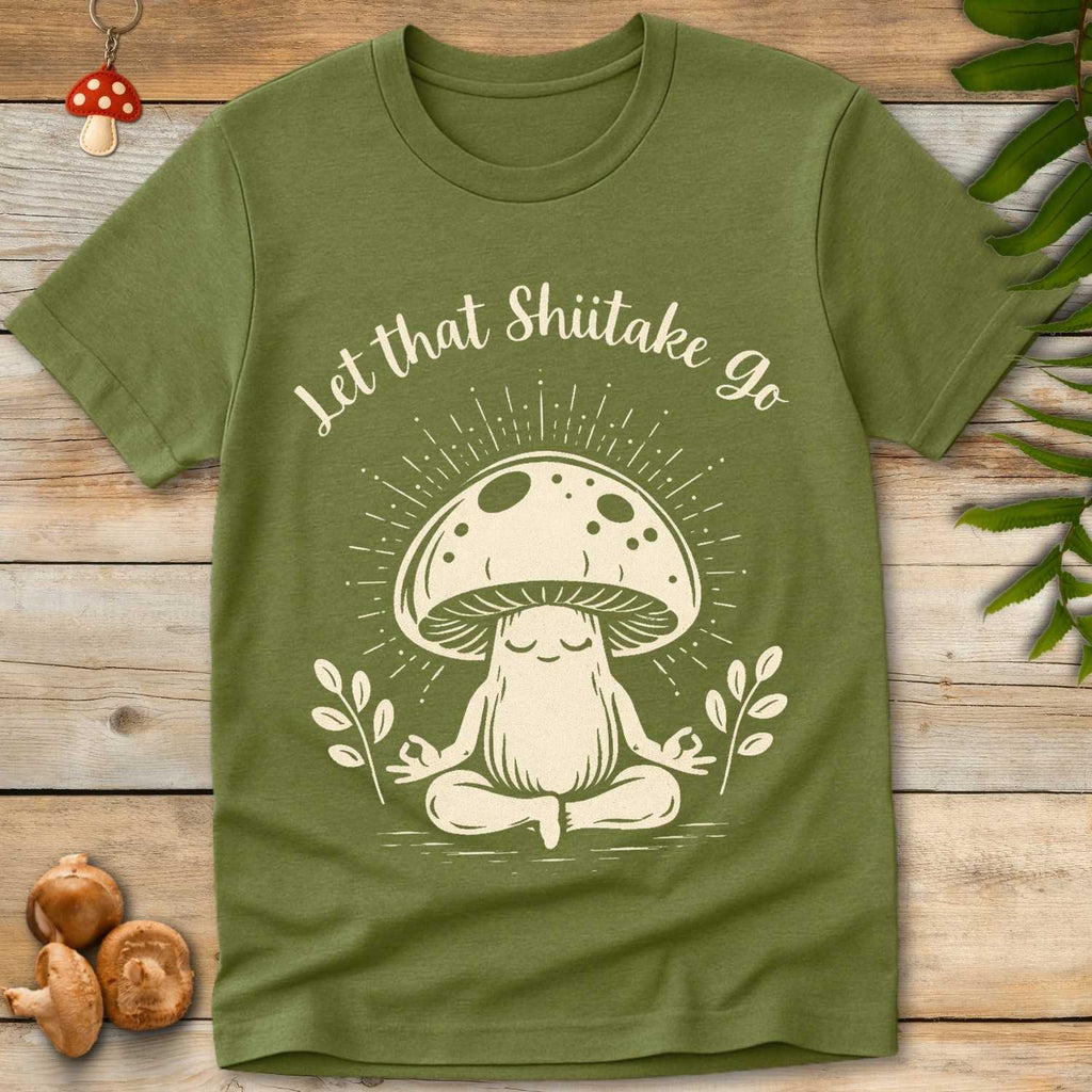 Meditating mushroom character with the phrase “Let that Shiitake Go” in whimsical script, radiating peaceful energy