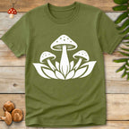 Minimalist white illustration of three mushrooms growing from a lotus flower in a clean, symmetrical design on a green background.