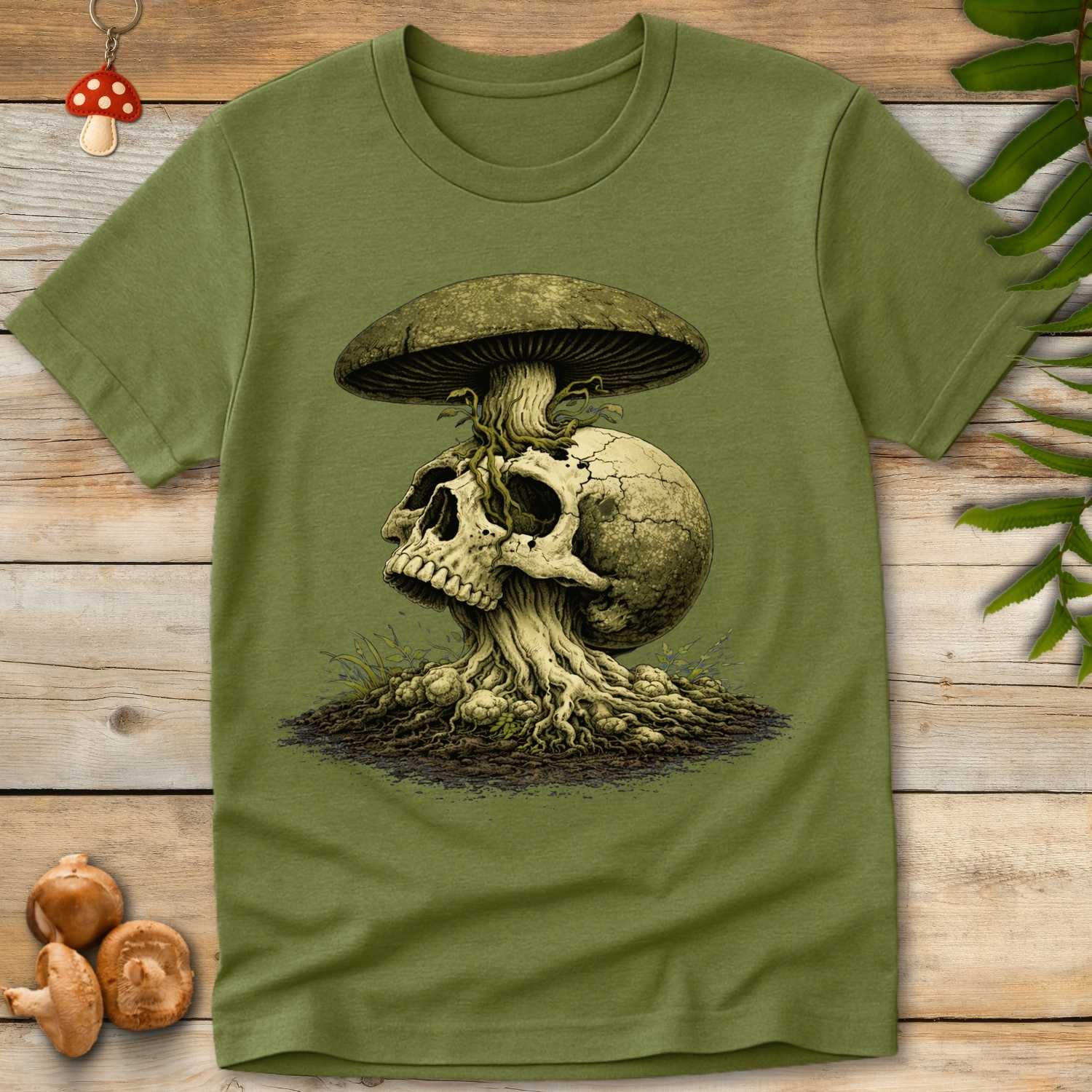 Illustration of a mushroom growing through a cracked human skull, with gnarled roots and earthy tones in a surreal, gothic style.