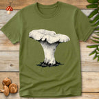 Grunge-style artwork of a single chanterelle mushroom with detailed ridges and textured shading on a dark background