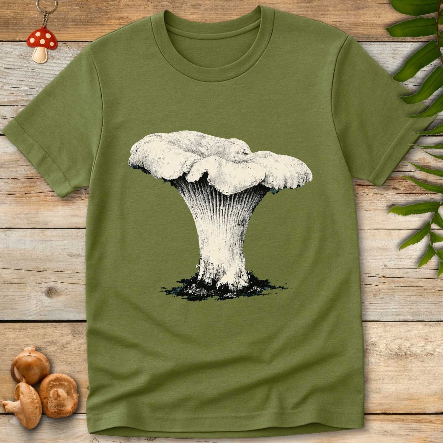 Grunge-style artwork of a single chanterelle mushroom with detailed ridges and textured shading on a dark background