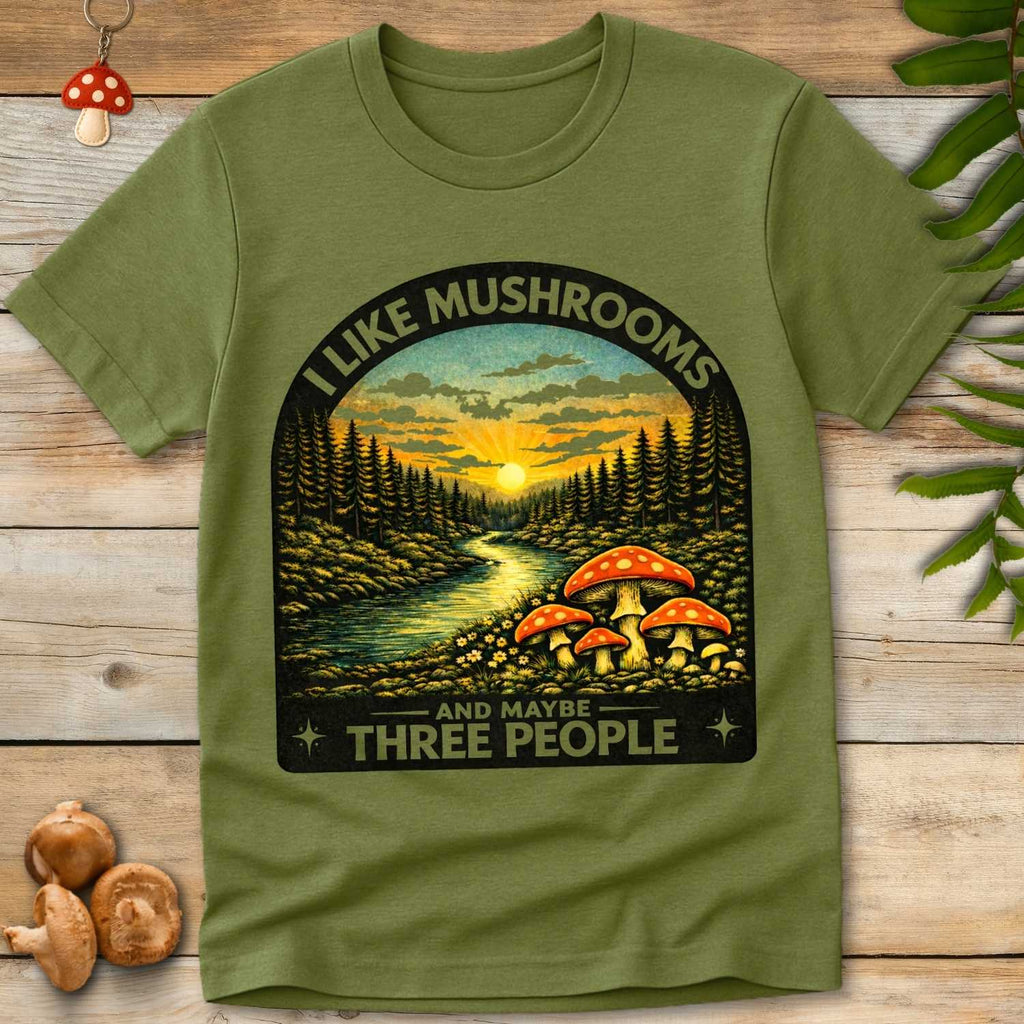 Vintage sunset forest river scene with red spotted mushrooms and the text “I Like Mushrooms And Maybe Three People”.