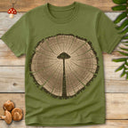 Illustration of a tree ring cross-section with a mushroom shape subtly formed by the grain and cracks in the wood.