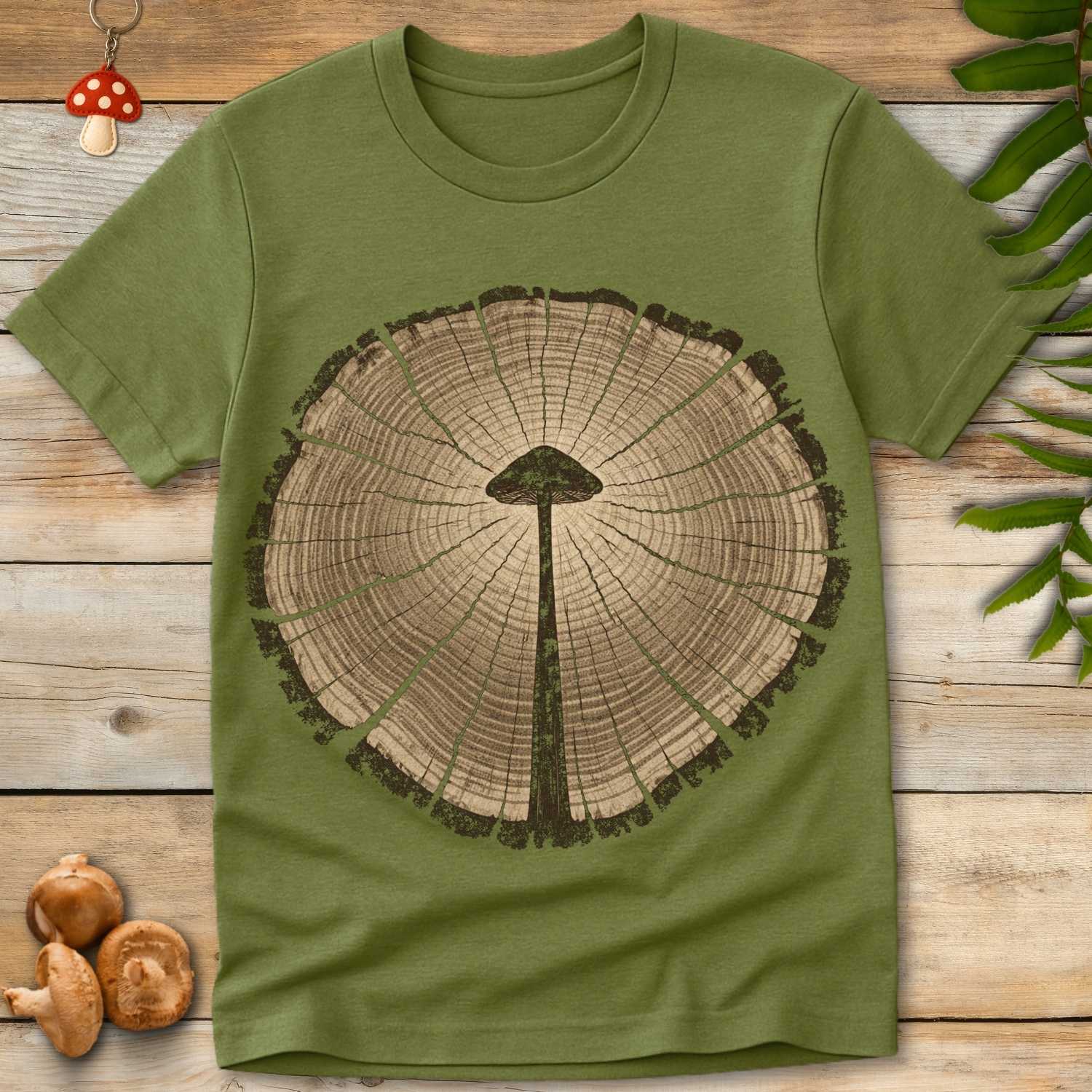 Illustration of a tree ring cross-section with a mushroom shape subtly formed by the grain and cracks in the wood.
