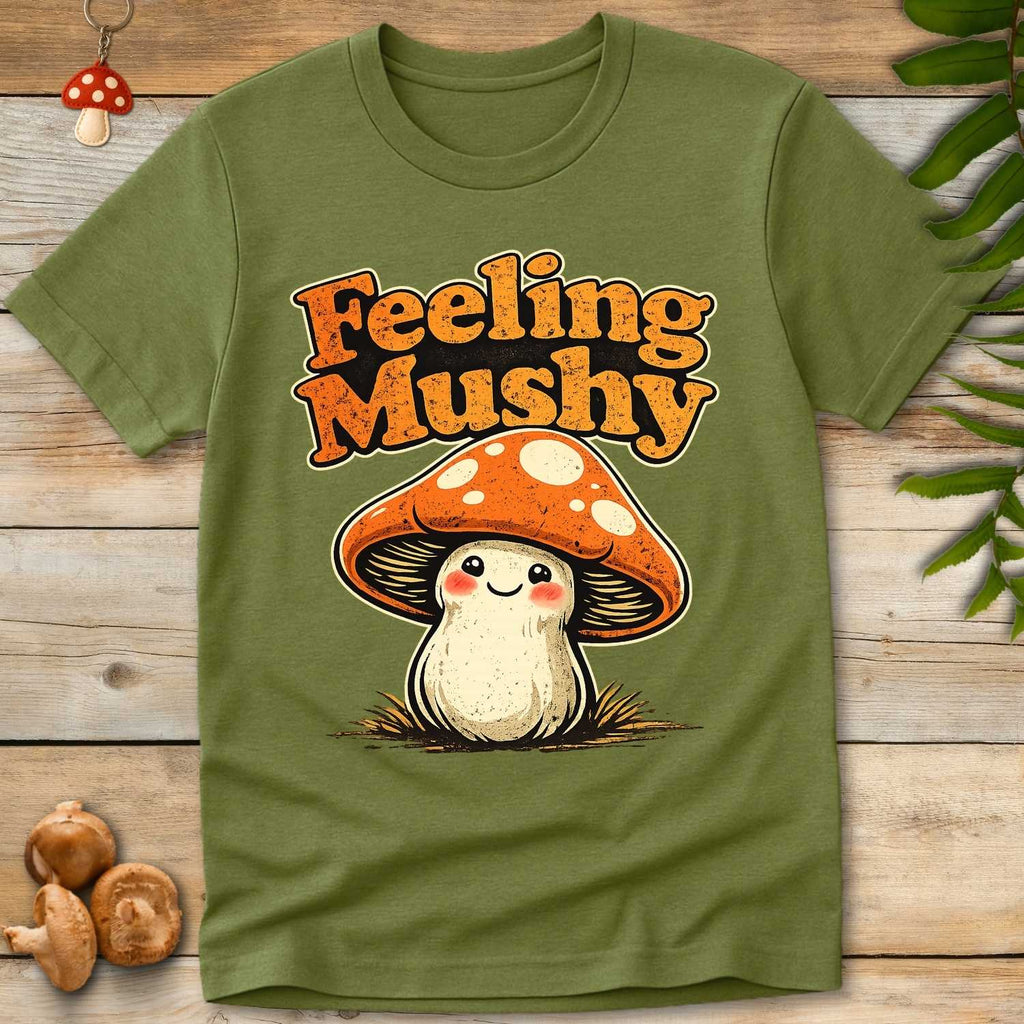 Cute smiling cartoon mushroom with orange spotted cap and vintage “Feeling Mushy” lettering on a green background, whimsical fungi themed t-shirt design.