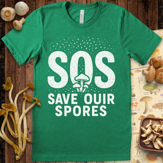 Bold “SOS” text with mushrooms in the center and the phrase “Save Our Spores” below, surrounded by a spore-like textured background