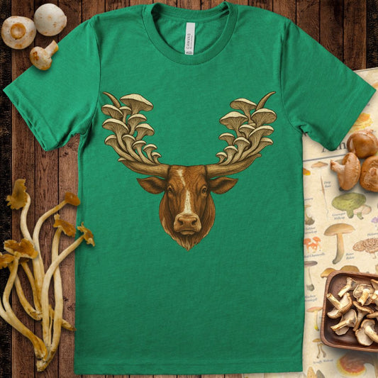 Longhorn steer with oyster mushrooms growing from large curved antlers in surreal graphic T-shirt design
