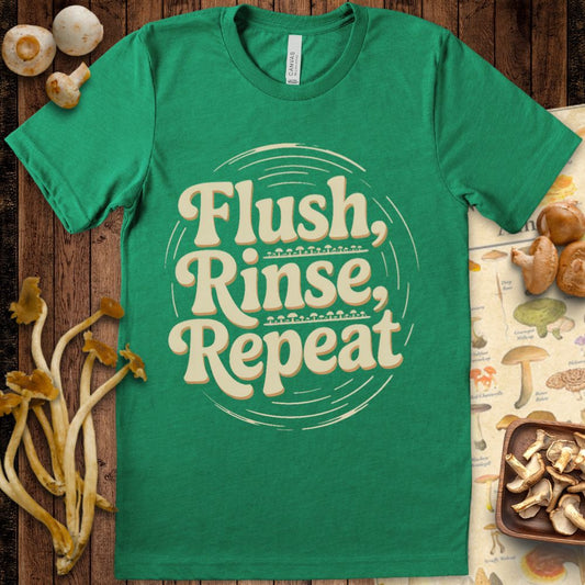 Retro-style t-shirt design with bold cream text reading “Flush, Rinse, Repeat” surrounded by swirl lines and accented by tiny mushroom illustrations