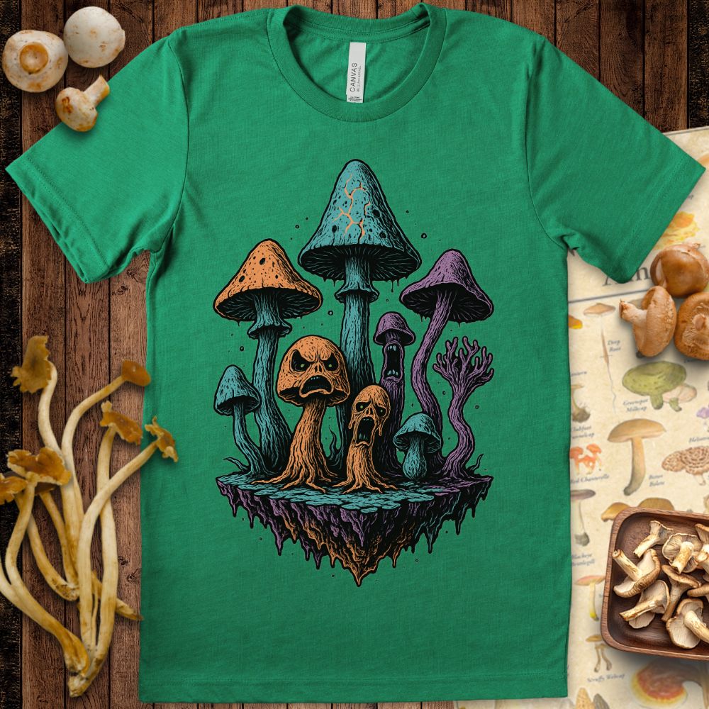 Surreal cartoon mushrooms with twisted, screaming faces on a floating island in vivid psychedelic colors.