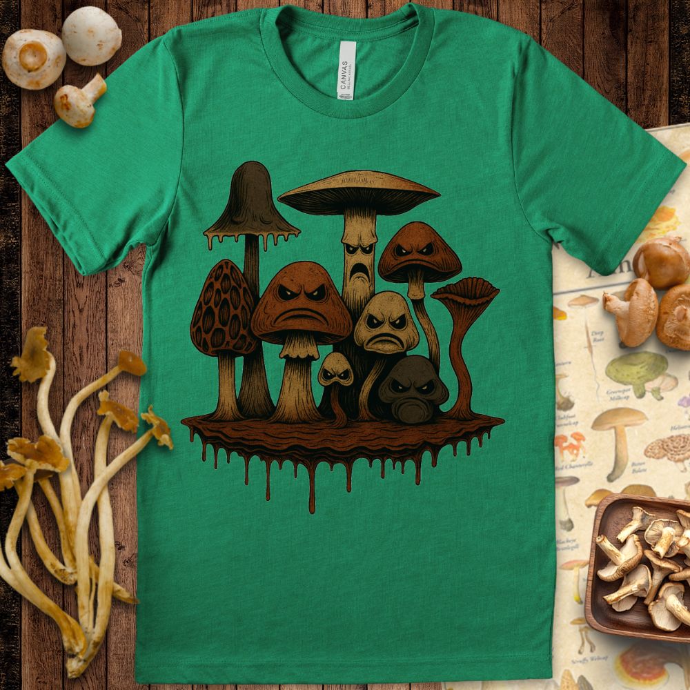 Cartoon illustration of angry, earthy-toned mushrooms with grumpy faces on a floating island and gritty background.
