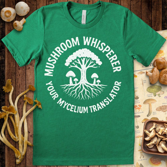 “Mycelium Translator” graphic tee featuring tree with roots and mushrooms, perfect for mushroom whisperers and fungi fans