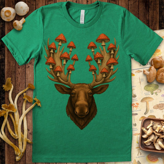Moose with antlers growing bright red Amanita muscaria mushrooms in a surreal graphic T-shirt design