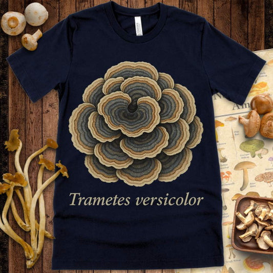 Show your love for forest fungi with the Turkey Tail Tee featuring Trametes versicolor. A beautifully detailed mushroom design for nature lovers and mycology fans.