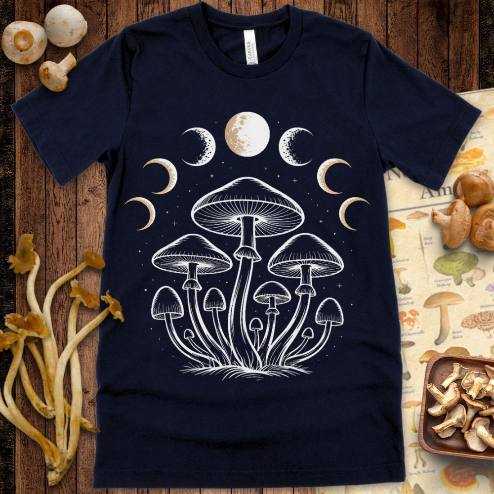 Illustration of mushrooms growing beneath a full lunar phase cycle with stars and golden crescent moons on a black background