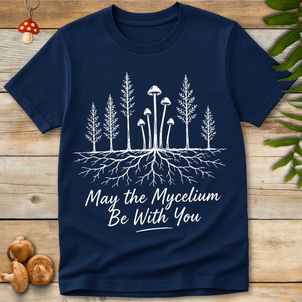 Mycelium You Tee featuring woodland mushrooms, forest trees, and intricate underground mycelium roots with whimsical nature-inspired artwork.
