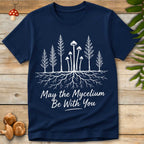 Mycelium You Tee featuring woodland mushrooms, forest trees, and intricate underground mycelium roots with whimsical nature-inspired artwork.