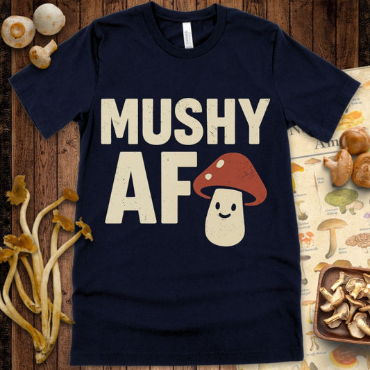 Vintage-style “Mushy AF” text with a smiling cartoon mushroom f