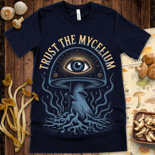 Mystical mushroom with an all-seeing eye and sacred symbols, radiating golden light and surrounded by swirling tendrils and detailed mycelium roots.