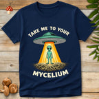 Alien figure standing on glowing mycelium network under a UFO beam, representing alien fungal intelligence