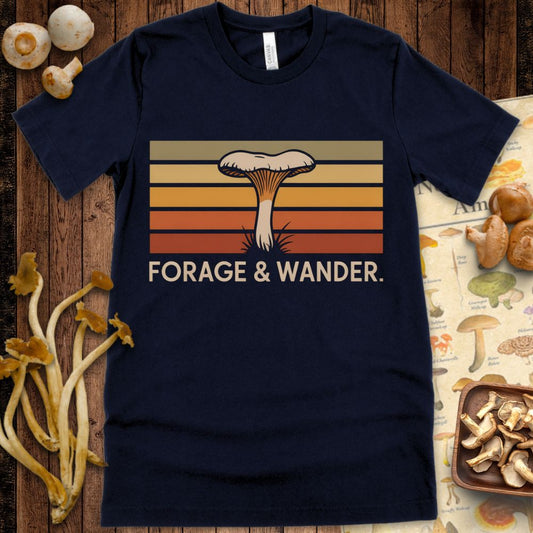 Minimalist retro-style illustration of a mushroom growing through horizontal sunset stripes with the text “Forage & Wander” below