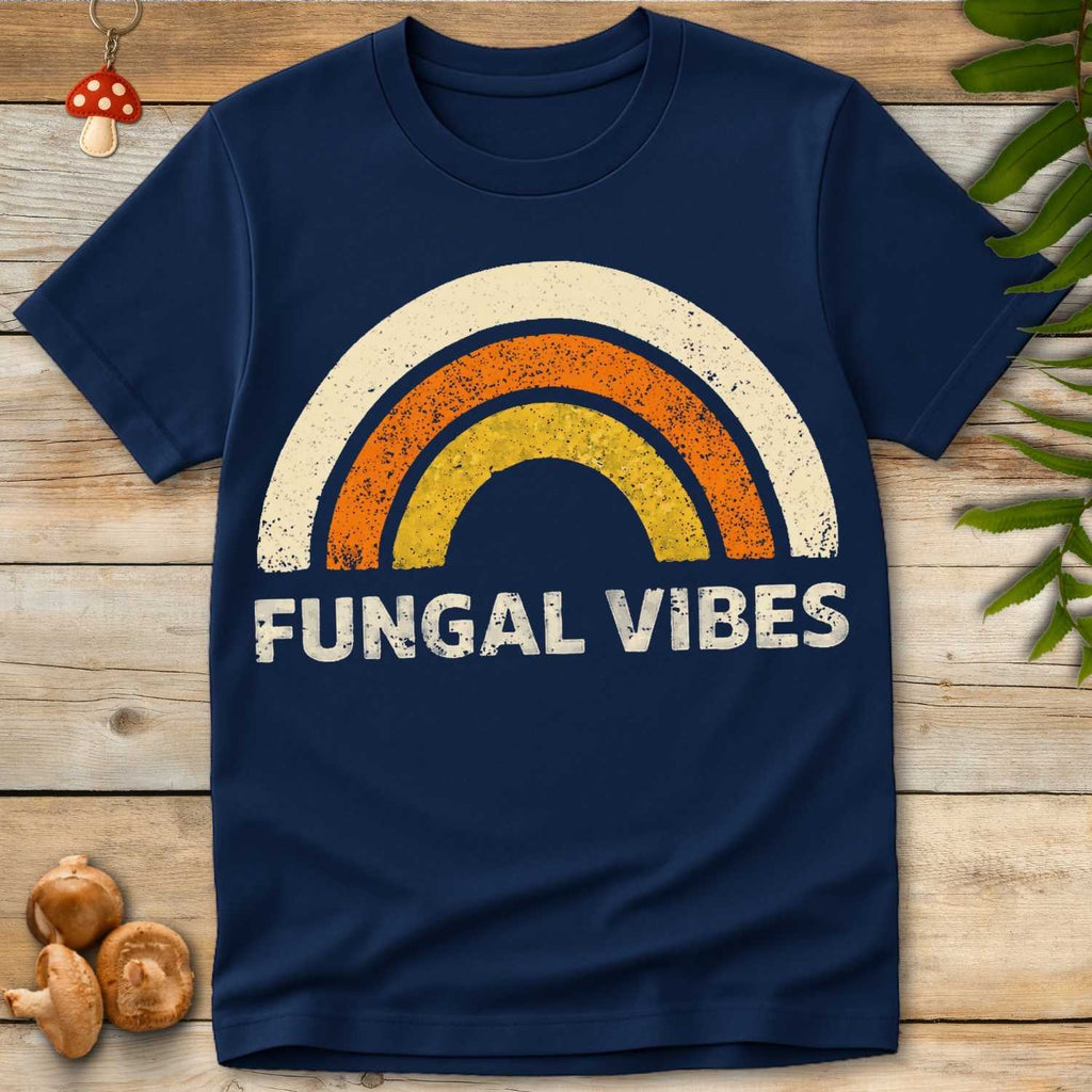 Retro-style rainbow graphic in earthy tones with the words “Fungal Vibes” in bold, distressed text below.