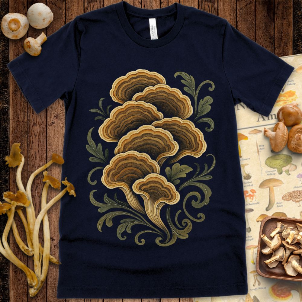 Illustrated cluster of brown and golden Turkey Tail mushrooms with green scrollwork on a textured background