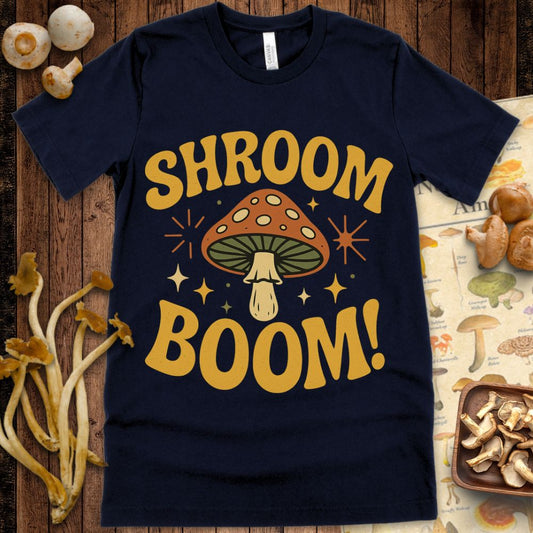 Cartoon-style spotted mushroom with starburst effects and bold "Shroom Boom!" text in a retro color palette.