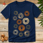 Navy T-shirt featuring a symmetrical arrangement of colorful spore print circles in natural shades of brown, green, and cream