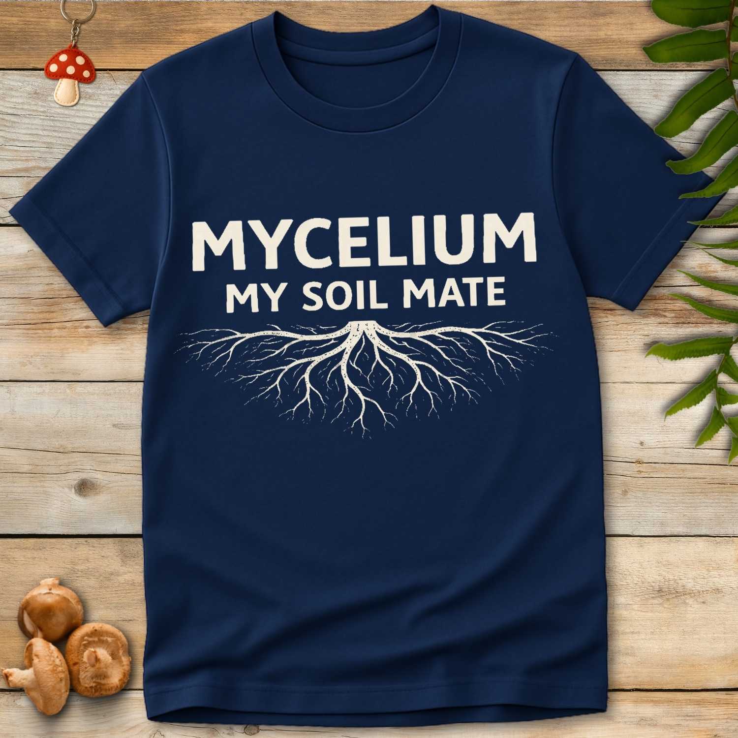 “Mycelium My Soil Mate” text with branching root illustration on black background graphic tee