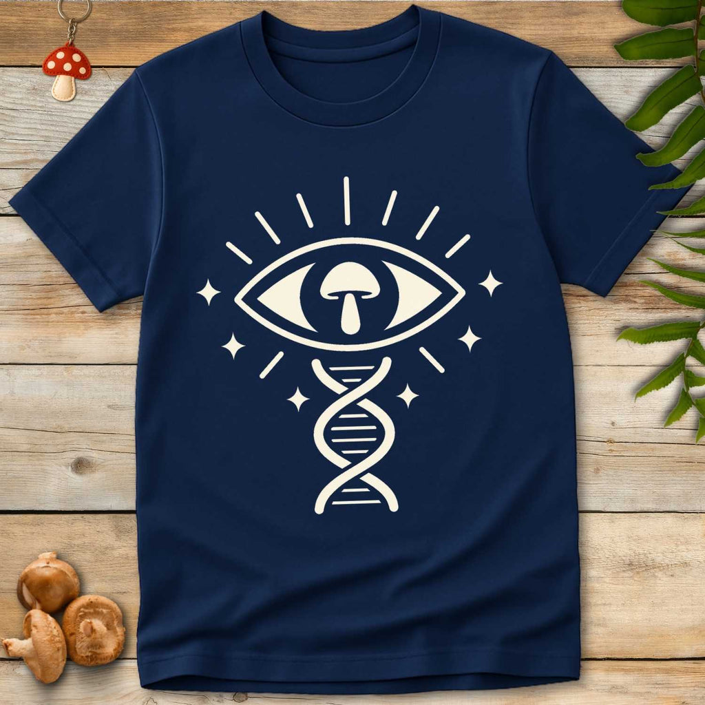 Minimalist design featuring an eye with a mushroom-shaped pupil above a DNA helix, surrounded by radiant lines and celestial stars on a dark background.