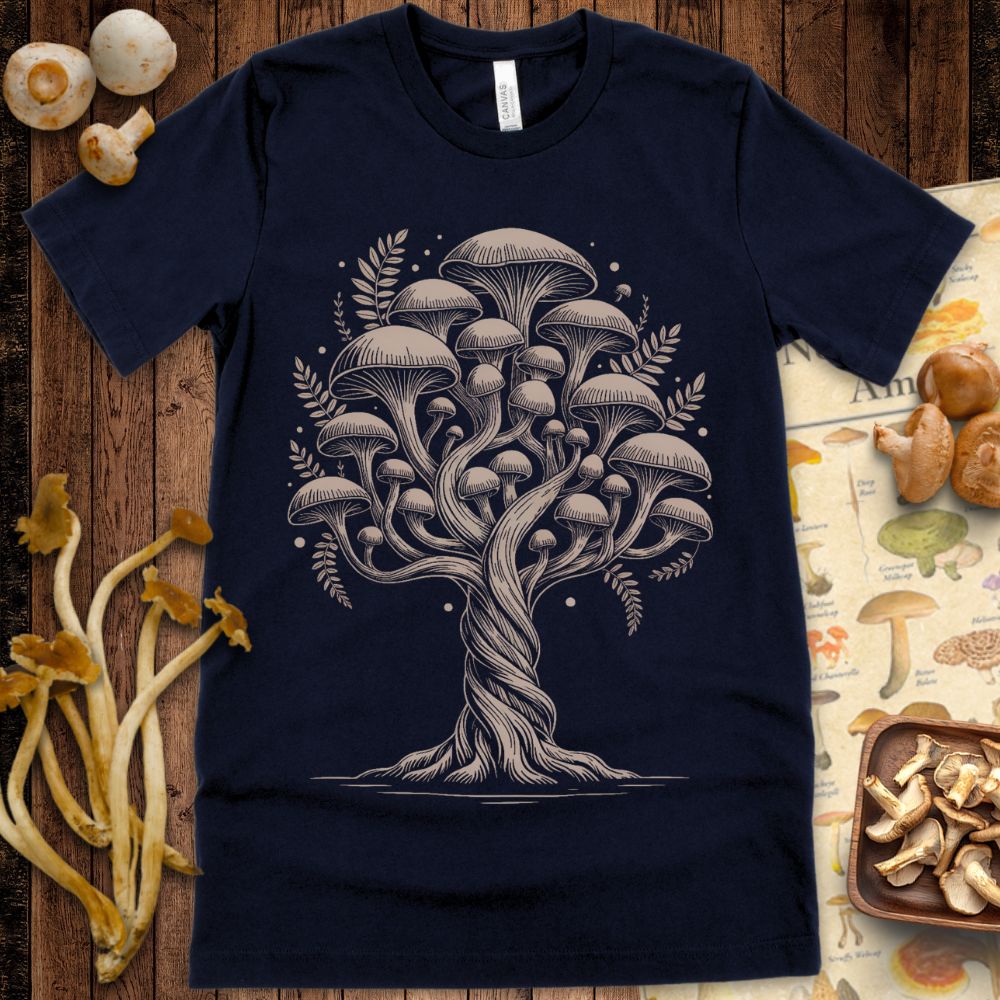 Elegant illustration of a tree made from twisting mushroom stems and caps, with botanical leaves in a vintage naturalist style.