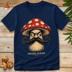 Vintage-style mushroom character with a large curled mustache, red spotted toadstool cap, and the text "Mush Stash" on a black background.