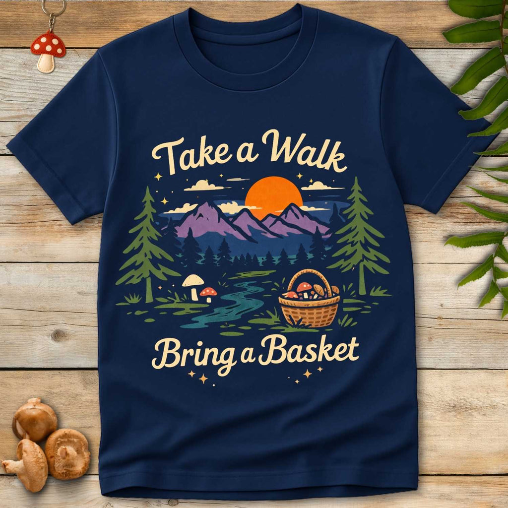 Retro forest landscape with mountains, sunset, mushrooms, and a basket of mushrooms with the phrase “Take a Walk Bring a Basket”.