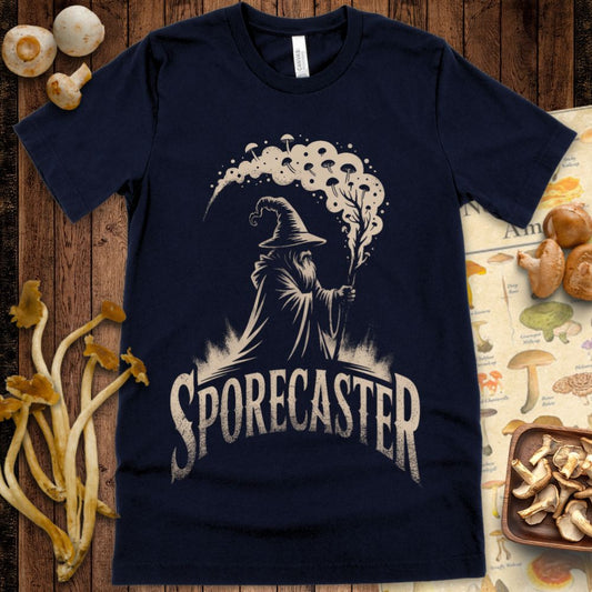 Fantasy wizard with a mushroom staff casting a swirling spore cloud with “Sporecaster” text – ideal for D&D and RPG fans