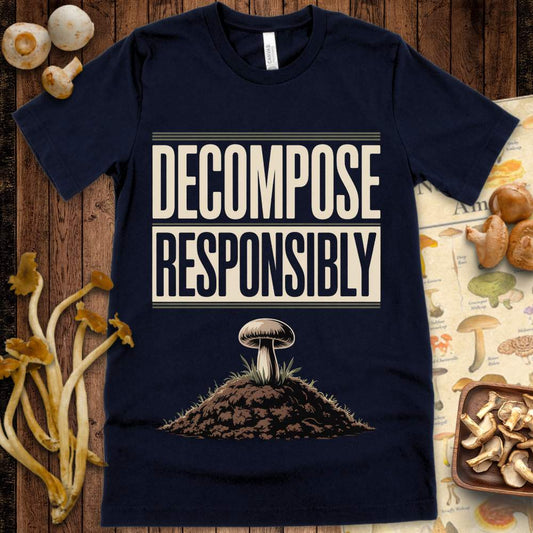 T-shirt with bold block lettering reading “Decompose Responsibly” and a single mushroom growing from a soil mound