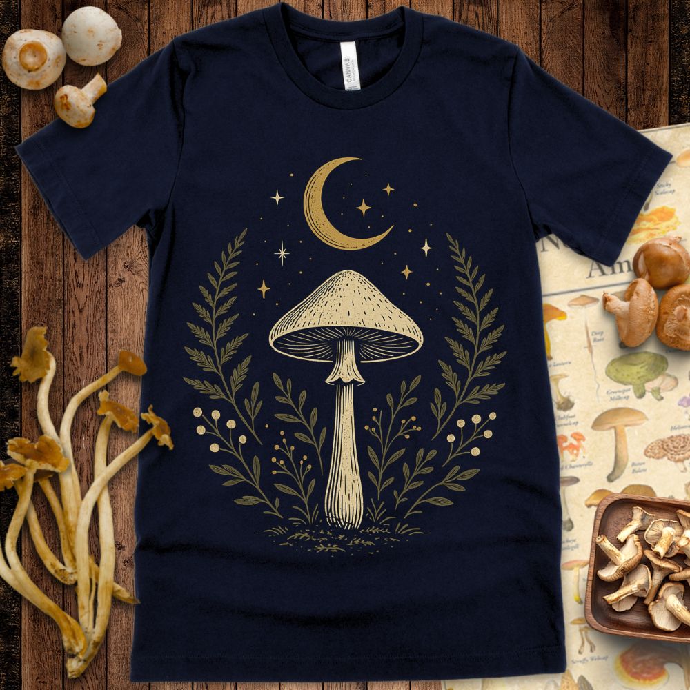 Surreal illustration of a single mushroom under a crescent moon, with stars and forest plants in earthy tones on a textured gray background