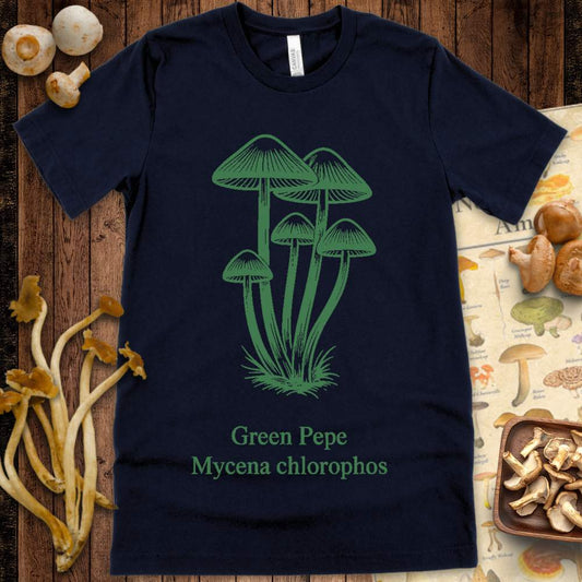 Illustration of bioluminescent Mycena chlorophos mushrooms labeled “Green Pepe” with vintage botanical style