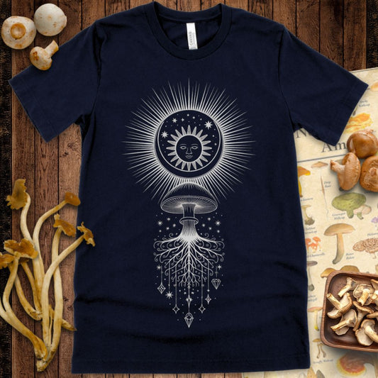 Vertical totem design featuring a radiant sun above a central mushroom with trailing mycelium, stars, and hanging crystal shapes in white on black.
