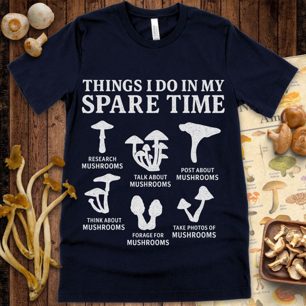 Funny mushroom shirt with illustrations showing mushroom-related hobbies like foraging, researching, and posting