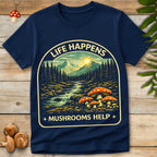 Vintage mountain forest stream with red spotted mushrooms and the phrase “Life Happens Mushrooms Help”.