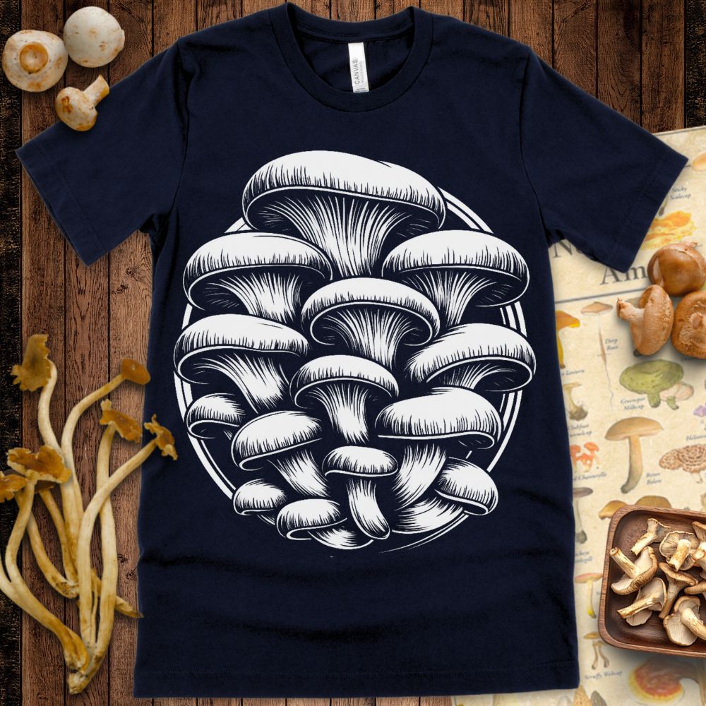 Detailed black and white line art of a clustered group of mushrooms in a circular composition