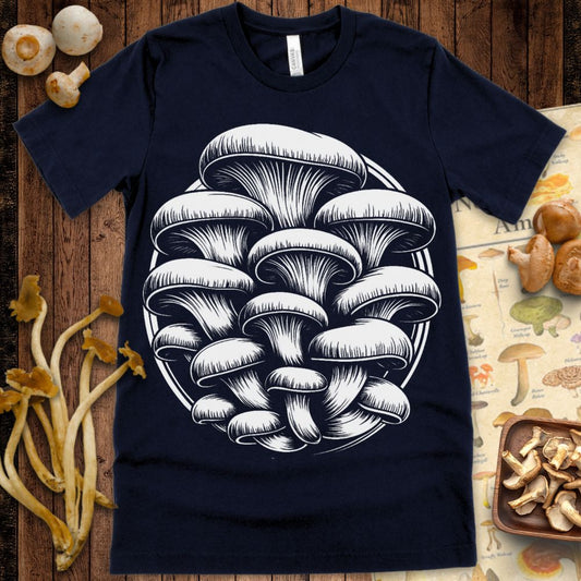 Detailed black and white line art of a clustered group of mushrooms in a circular composition