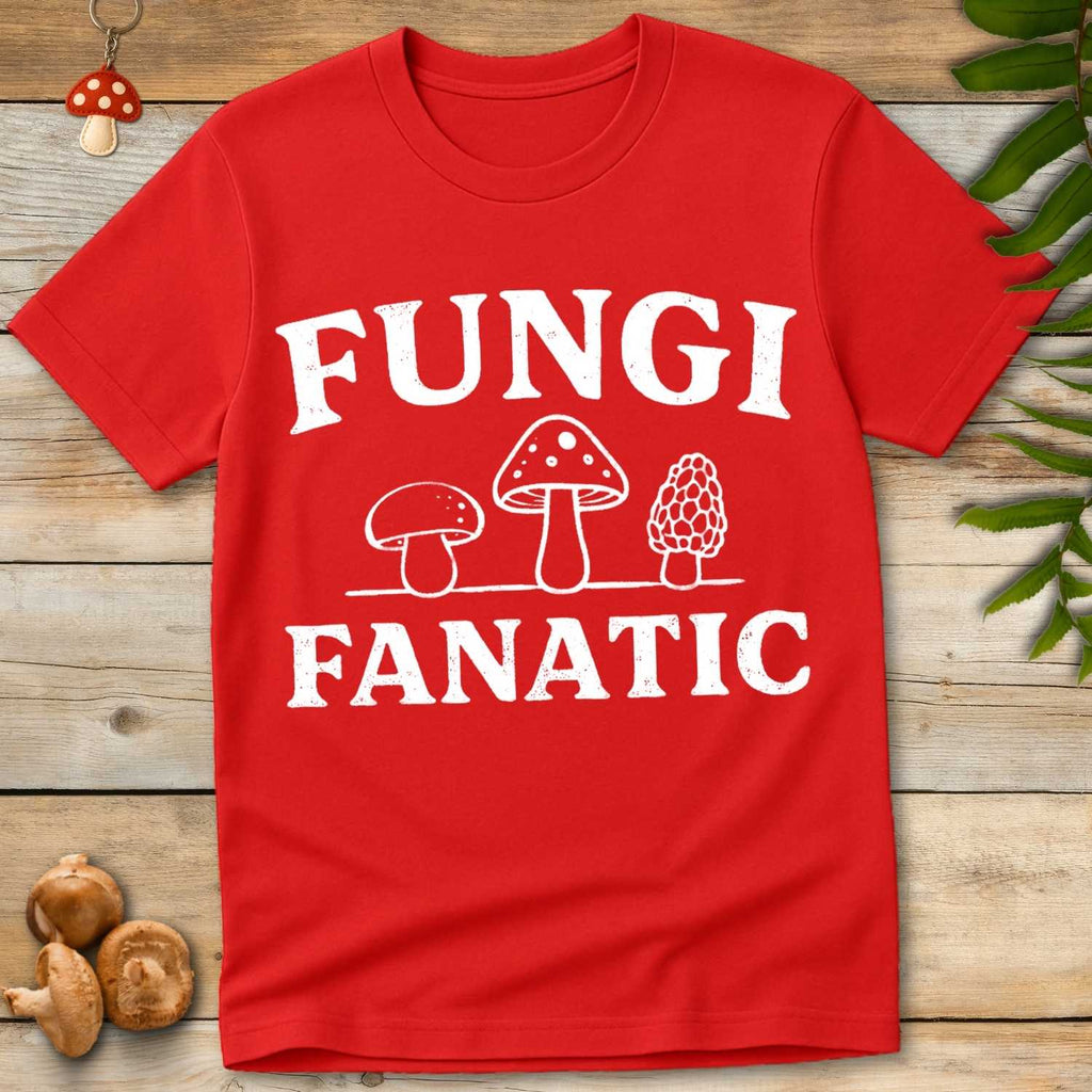 Red T-shirt with bold white text “Fungi Fanatic” and illustrations of three mushrooms beneath the text