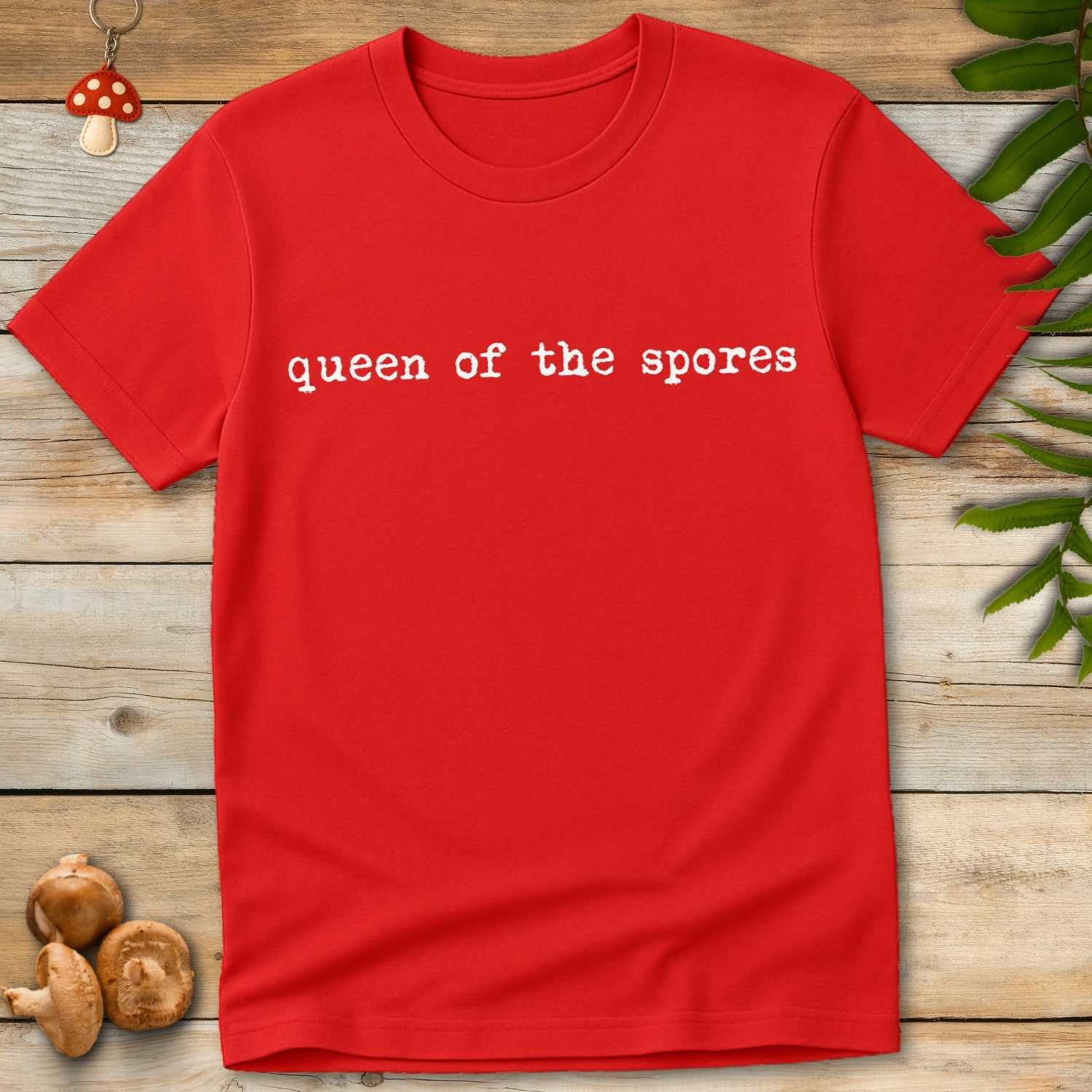 Shop the Queen Spores Tee featuring minimalist mushroom-inspired typography and cozy woodland vibes. Perfect for fungi lovers, foragers, cottagecore fans, and mycology enthusiasts.