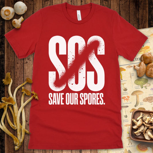 High-contrast black and white T-shirt design with the bold spray-painted text “SOS Save Our Spores”