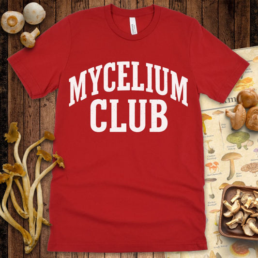 Bold varsity-style graphic tee reading “Mycelium Club” for mushroom lovers and fungi enthusiasts