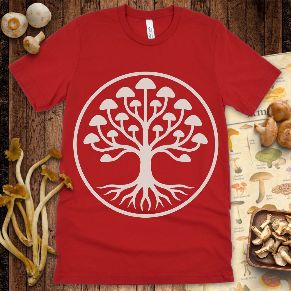 Stylized tree of life with mushroom caps forming branches and roots, enclosed in a circular design on a textured red background
