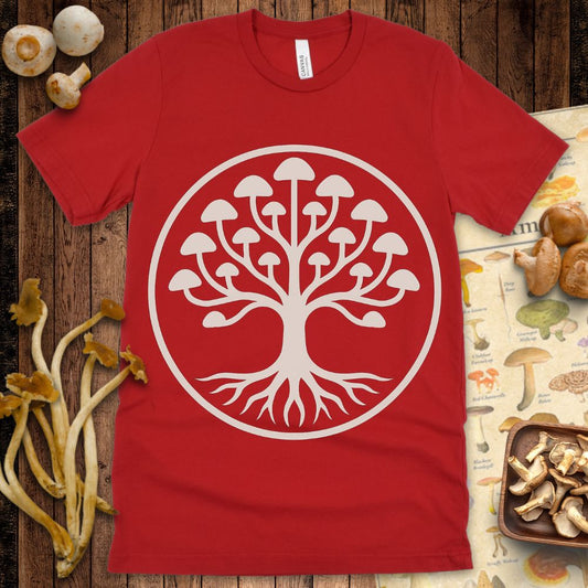 Stylized tree of life with mushroom caps forming branches and roots, enclosed in a circular design on a textured red background